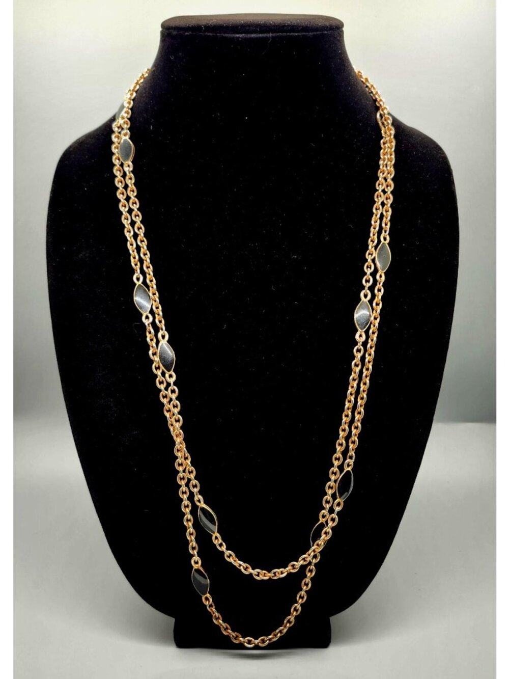 Gold-Tone Long Necklace With Black Accents - Elegant Chain Jewelry For Women